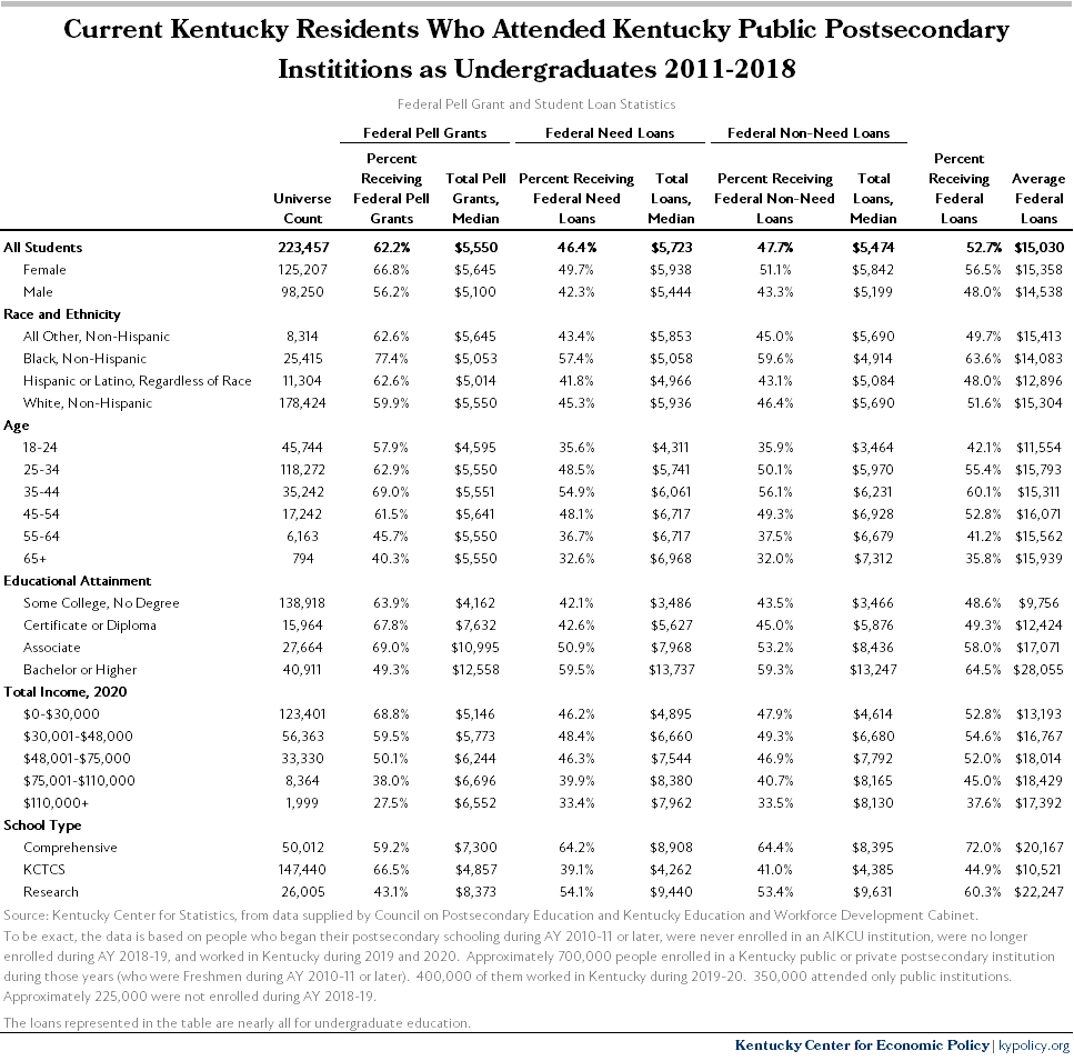 Table of data on federal loans by demographic group