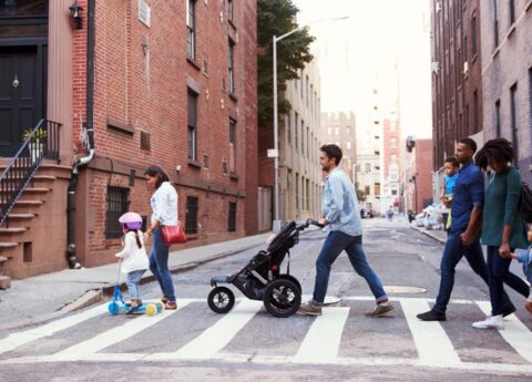 Families crossing street